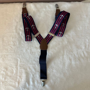 Boys Navy Red Anchor Suspenders Y-Back Adjustable One Size Preppy Faux Leather